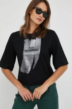 Γυναικεία Κοντομάνικο Βαμβακερό μπλουζάκι Sisley μαύρο