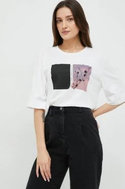 Γυναικεία Κοντομάνικο Βαμβακερό μπλουζάκι Sisley άσπρο