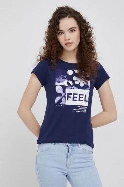 Γυναικεία Κοντομάνικο Βαμβακερό μπλουζάκι Sisley ναυτικό μπλε