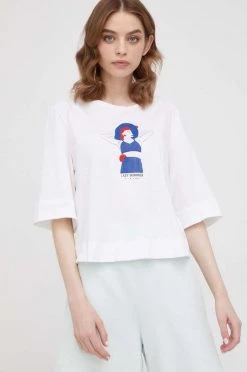 Γυναικεία Κοντομάνικο Βαμβακερό μπλουζάκι Sisley άσπρο