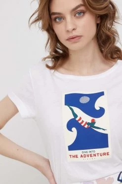 Γυναικεία Κοντομάνικο Βαμβακερό μπλουζάκι Sisley άσπρο