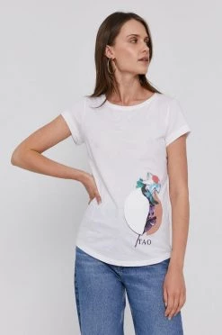 Γυναικεία Κοντομάνικο Βαμβακερό μπλουζάκι Sisley άσπρο