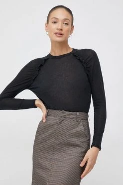 Γυναικεία Μακρυμάνικο Πουκάμισο μακρυμάνικο με μείγμα μαλλιού Sisley μαύρο